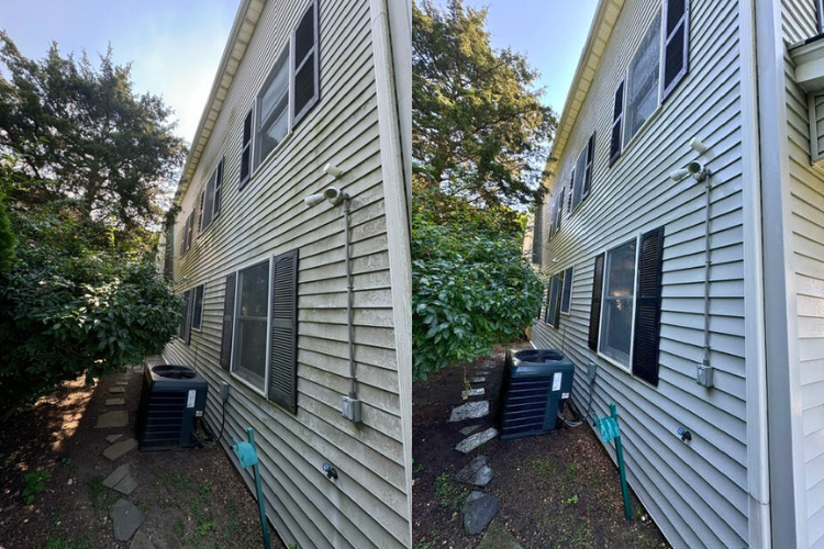 Before and after house washing by AnA Home Services, showing a clean, restored home exterior